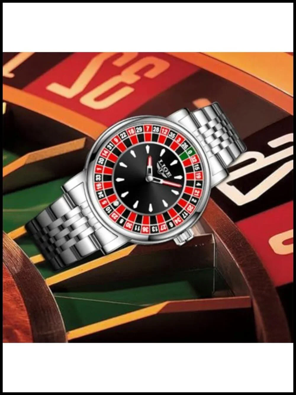 Mens Roulette Wheel Quartz Watch 45mm Stainless Steel 3ATM Waterproof